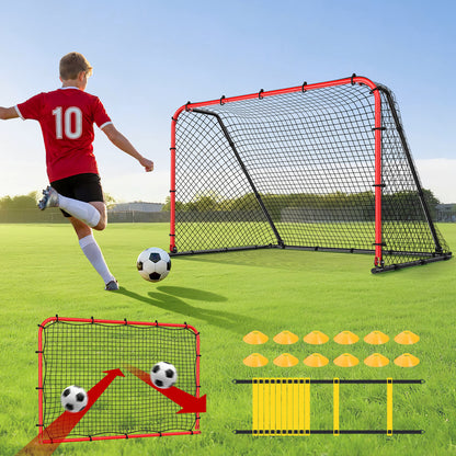 Haokelball 6 x 4 FT Soccer Goal for Backyard, 2-in-1 Metal Soccer Goal with Angle Adjustable Rebounder Net, Heavy-Duty Steel Frame, Includes Agility Ladder & Cones, Soccer Training Equipment for Teens