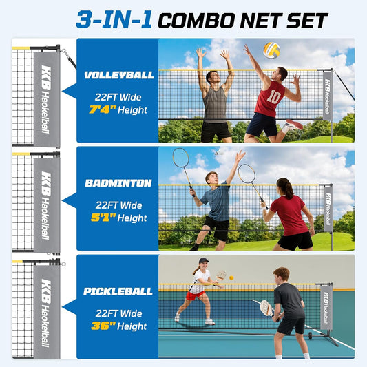 Haokelball Badminton Volleyball Pickleball Net Set, 22FT Portable All-in-One Nets System for Outdoor Beach Indoor with Adjustable Height, Includes Balls Rackets Pump Carry Bag