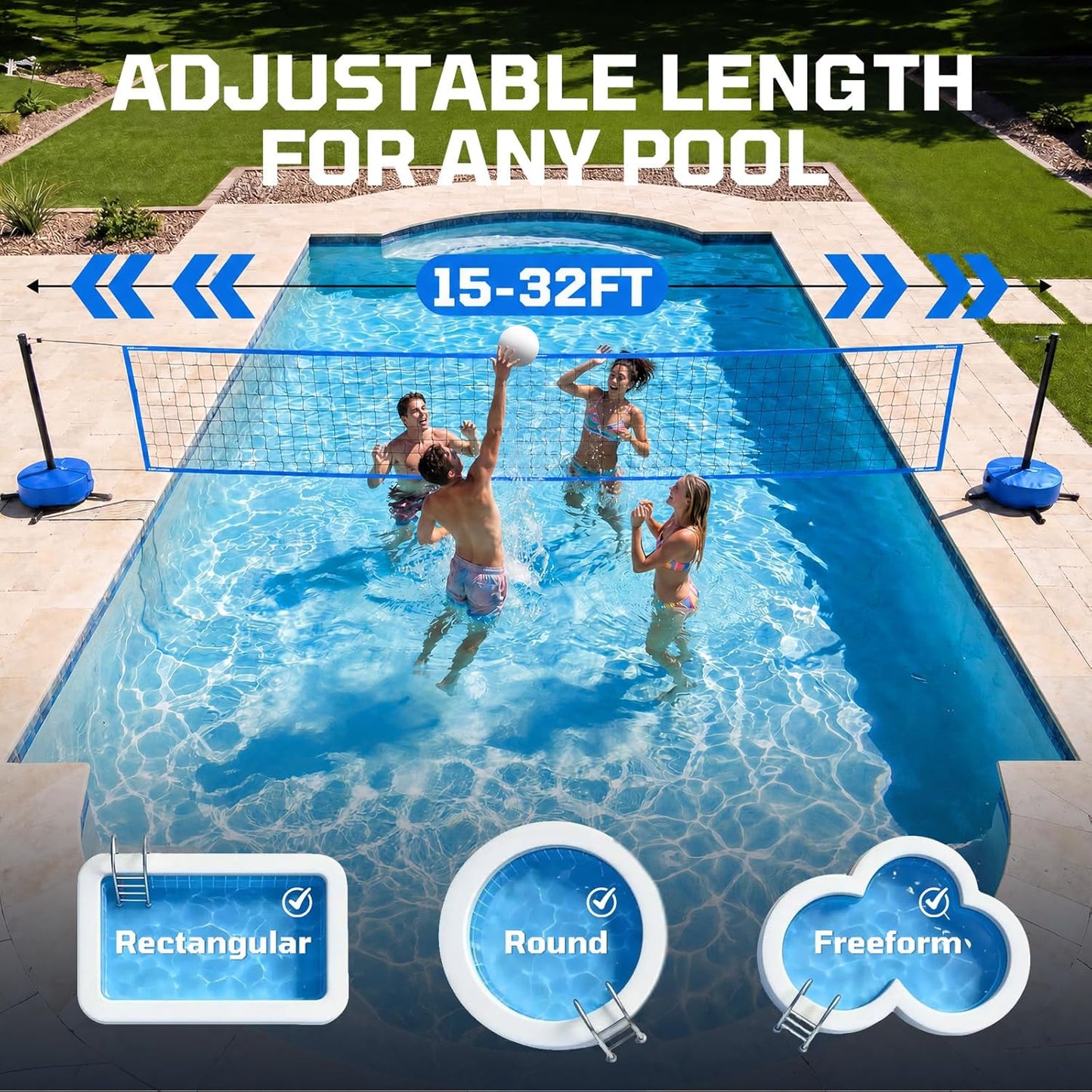 Haokelball LED Pool Volleyball Net Set, 15-32ft Adjustable Volleyball Net for Pool with Heavy Duty Base, Pool Volleyball Set for Inground Pools, Pool Toys & Pool Games for Kids & Adults, 2 Balls