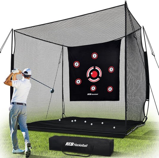 Haokelball Golf Hitting Net, 10x8x6ft Heavy Duty Golf Practice Chipping Cage with Target Cloth & Metal Frame, Portable Sports Netting for Backyard Driving Real Balls, Outdoor Indoor
