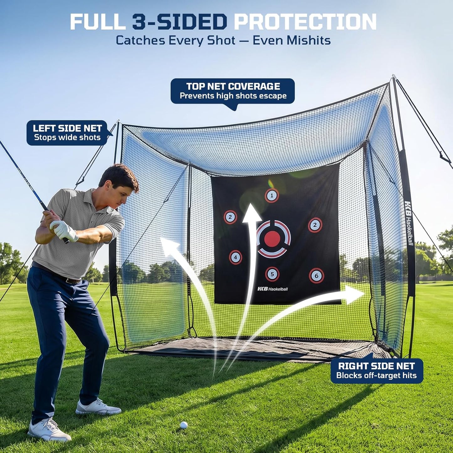Haokelball Golf Hitting Net, 10x8x6ft Heavy Duty Golf Practice Chipping Cage with Target Cloth & Metal Frame, Portable Sports Netting for Backyard Driving Real Balls, Outdoor Indoor
