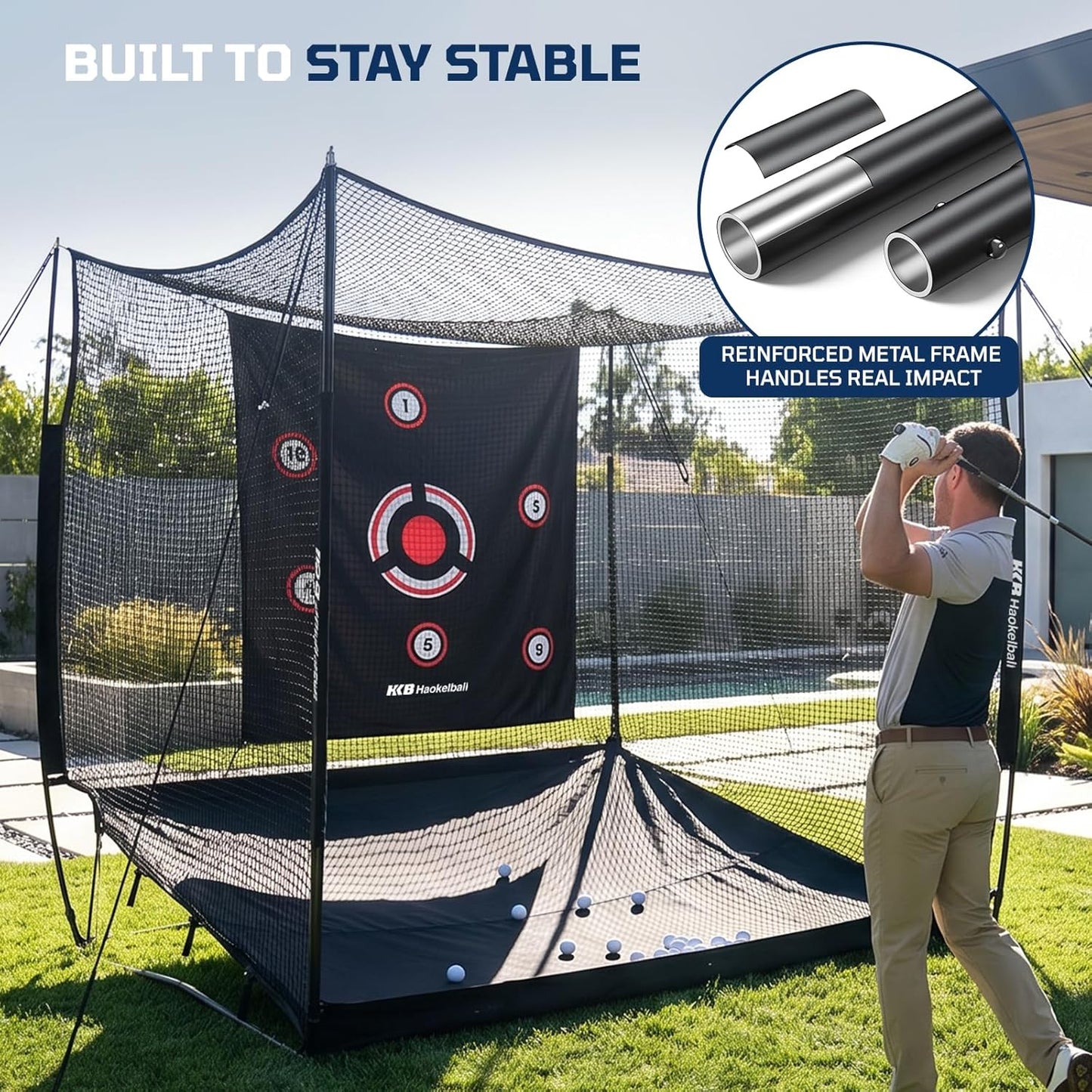 Haokelball Golf Hitting Net, 10x8x6ft Heavy Duty Golf Practice Chipping Cage with Target Cloth & Metal Frame, Portable Sports Netting for Backyard Driving Real Balls, Outdoor Indoor