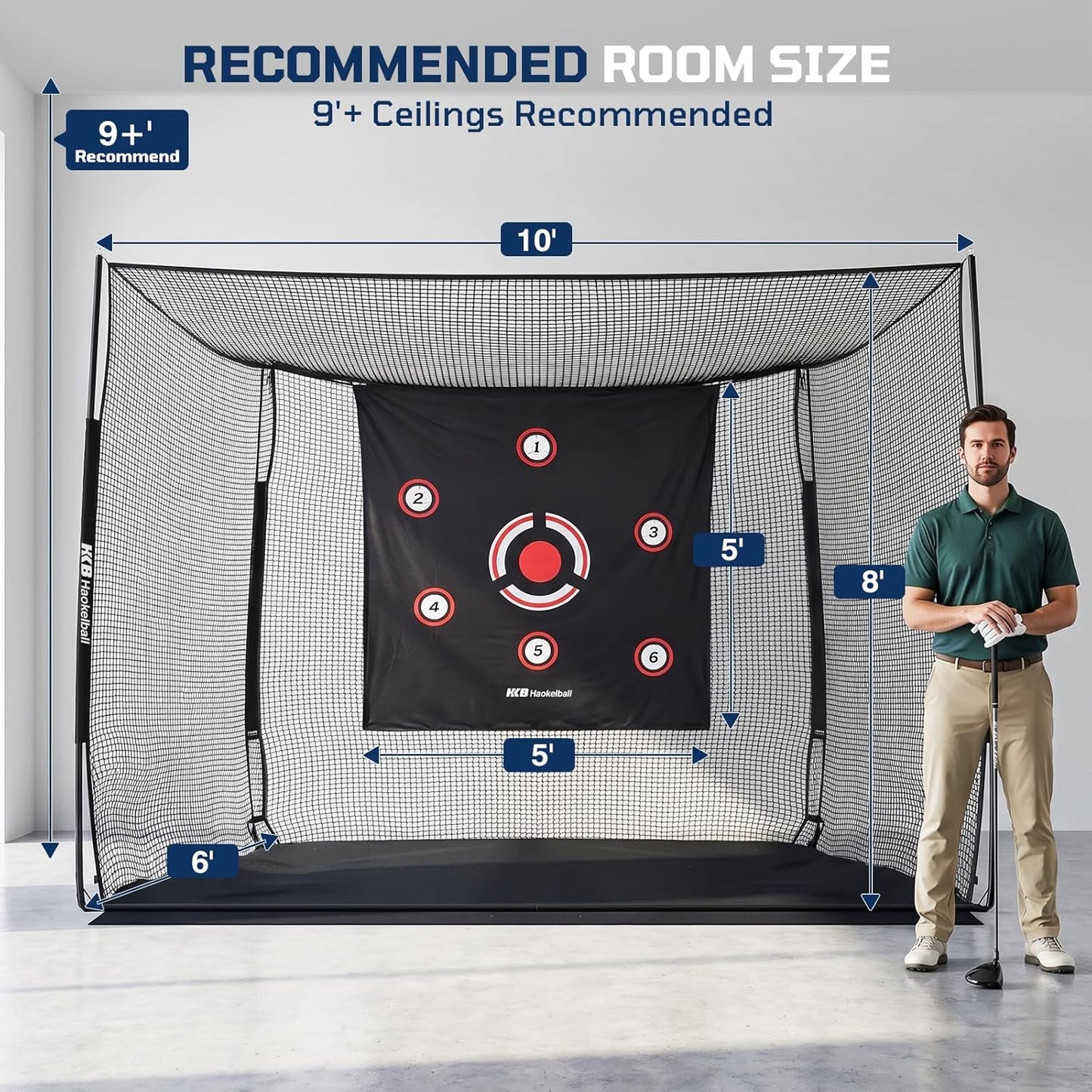 Haokelball Golf Hitting Net, 10x8x6ft Heavy Duty Golf Practice Chipping Cage with Target Cloth & Metal Frame, Portable Sports Netting for Backyard Driving Real Balls, Outdoor Indoor