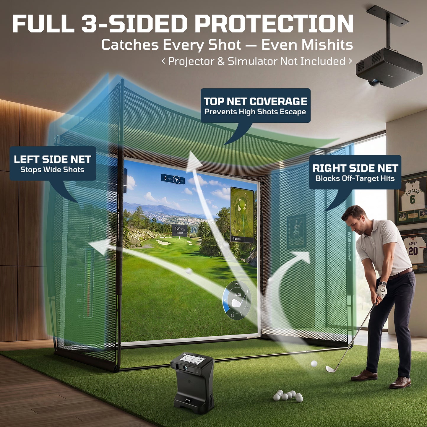 Haokelball Golf Simulator Cage with Impact Screen, 10x8x6 FT Premium Golf Hitting Net Enclosure for Home Practice, Indoor Outdoor Driving & Chipping Training Cage with Anti-Sag Support Rod
