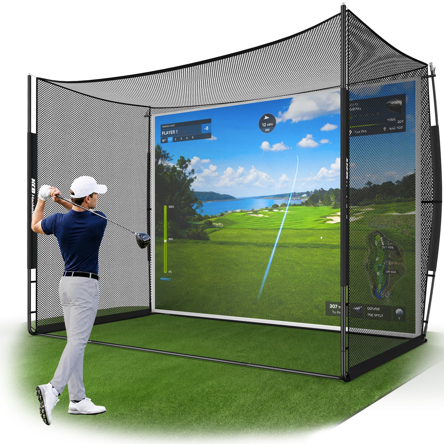 Haokelball Golf Simulator Cage with Impact Screen, 10x8x6 FT Premium Golf Hitting Net Enclosure for Home Practice, Indoor Outdoor Driving & Chipping Training Cage with Anti-Sag Support Rod