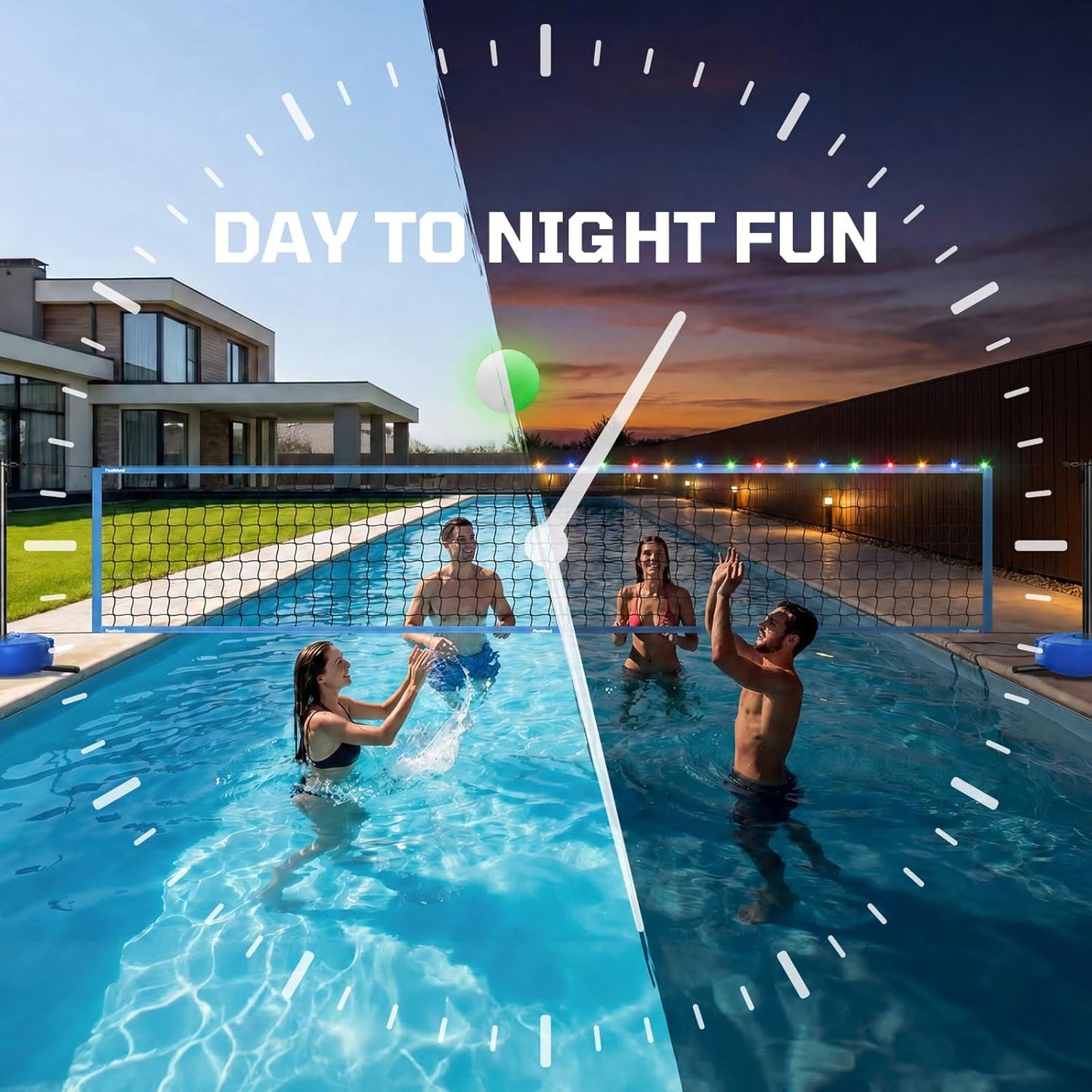 Haokelball LED Pool Volleyball Net Set, 15-32ft Adjustable Volleyball Net for Pool with Heavy Duty Base, Pool Volleyball Set for Inground Pools, Pool Toys & Pool Games for Kids & Adults, 2 Balls
