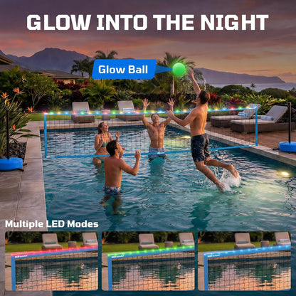 Haokelball LED Pool Volleyball Net Set, 15-32ft Adjustable Volleyball Net for Pool with Heavy Duty Base, Pool Volleyball Set for Inground Pools, Pool Toys & Pool Games for Kids & Adults, 2 Balls