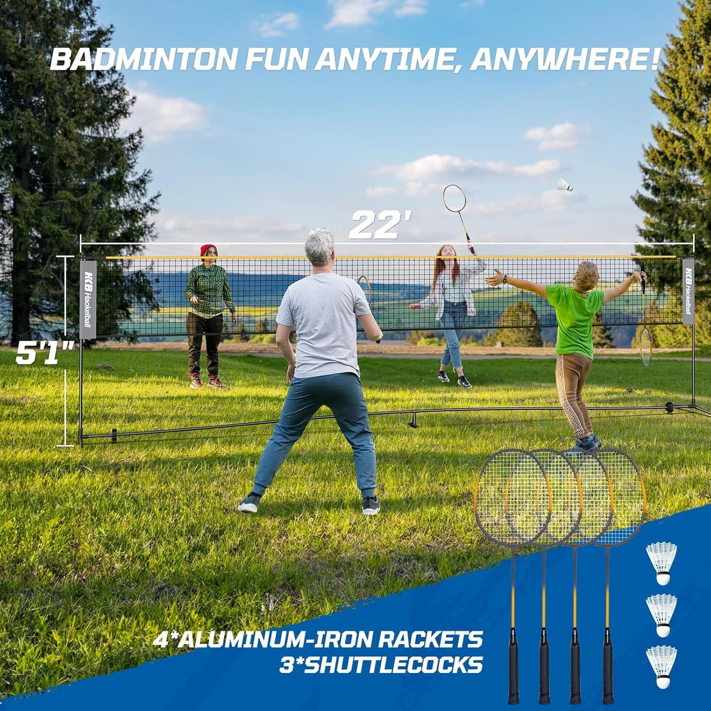 Haokelball Badminton Volleyball Pickleball Net Set, 22FT Portable All-in-One Nets System for Outdoor Beach Indoor with Adjustable Height, Includes Balls Rackets Pump Carry Bag