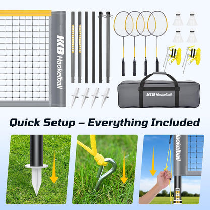 Haokelball Outdoor Badminton Net Set with Anti-Sag Winch System - 20ft Badminton Net, 4 Rackets, 3 Shuttlecocks & Carry Bag, Badminton Set for Backyard, Grass, Beach, Holiday Games