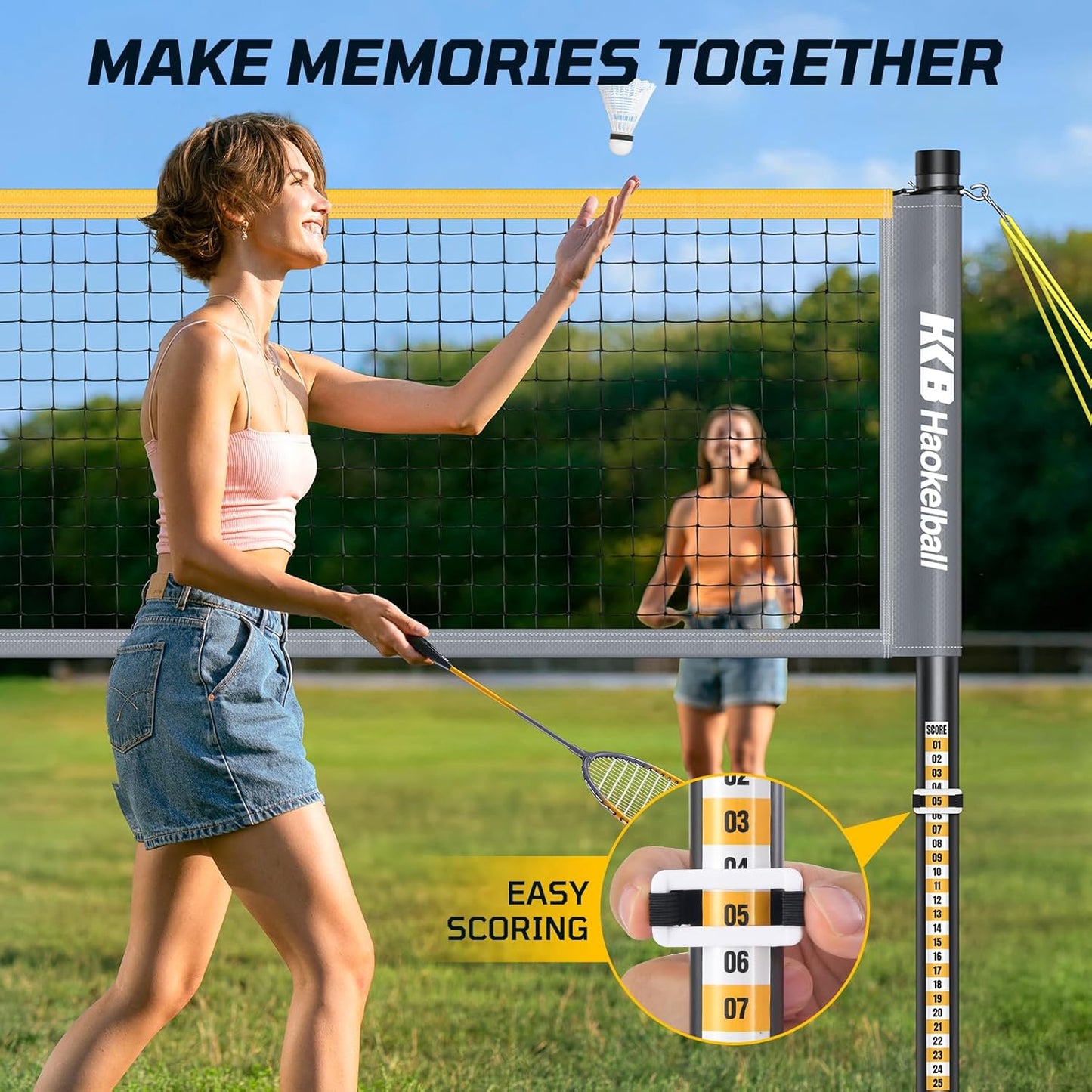 Haokelball Outdoor Badminton Net Set with Anti-Sag Winch System - 20ft Badminton Net, 4 Rackets, 3 Shuttlecocks & Carry Bag, Badminton Set for Backyard, Grass, Beach, Holiday Games