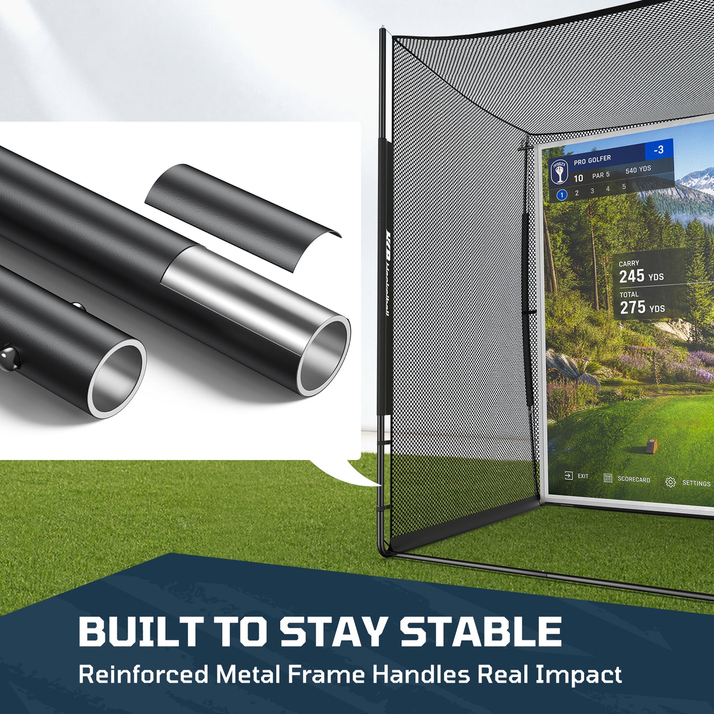 Haokelball Golf Simulator Cage with Impact Screen, 10x8x6 FT Premium Golf Hitting Net Enclosure for Home Practice, Indoor Outdoor Driving & Chipping Training Cage with Anti-Sag Support Rod