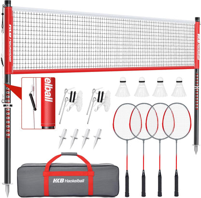 Haokelball Outdoor Badminton Net Set with True Anti-Sag Winch System - 20ft Badminton Net, 4 Rackets, 3 Shuttlecocks & Carry Bag, Badminton Set for Backyard, Grass, Beach, Games
