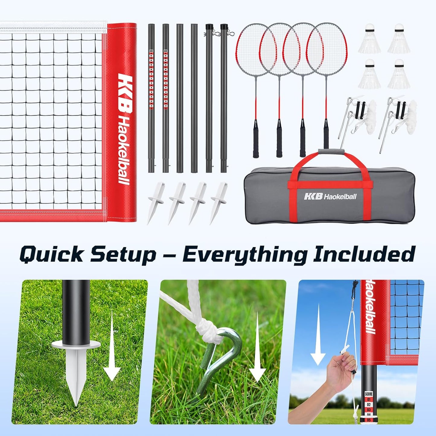 Haokelball Outdoor Badminton Net Set with True Anti-Sag Winch System - 20ft Badminton Net, 4 Rackets, 3 Shuttlecocks & Carry Bag, Badminton Set for Backyard, Grass, Beach, Games