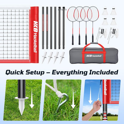 Haokelball Outdoor Badminton Net Set with True Anti-Sag Winch System - 20ft Badminton Net, 4 Rackets, 3 Shuttlecocks & Carry Bag, Badminton Set for Backyard, Grass, Beach, Games