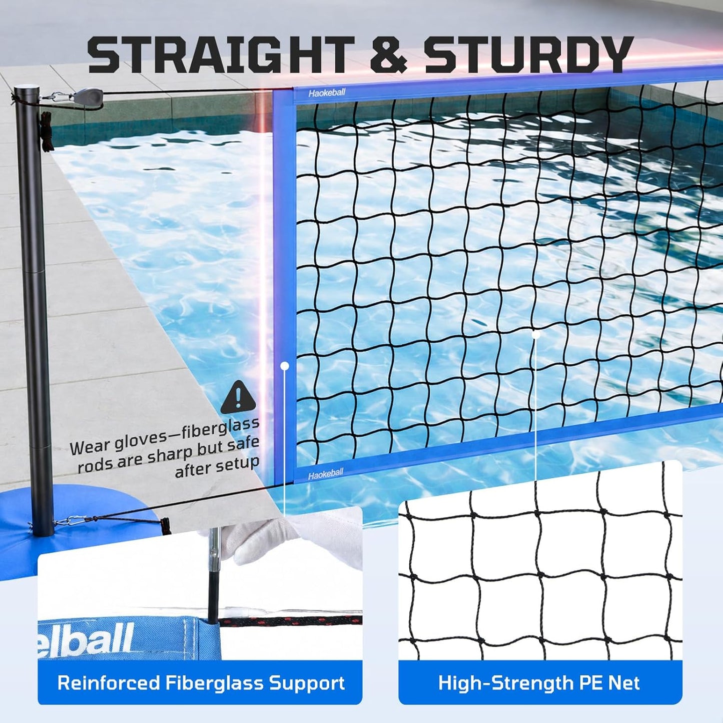 Haokelball LED Pool Volleyball Net Set, 15-32ft Adjustable Volleyball Net for Pool with Heavy Duty Base, Pool Volleyball Set for Inground Pools, Pool Toys & Pool Games for Kids & Adults, 2 Balls