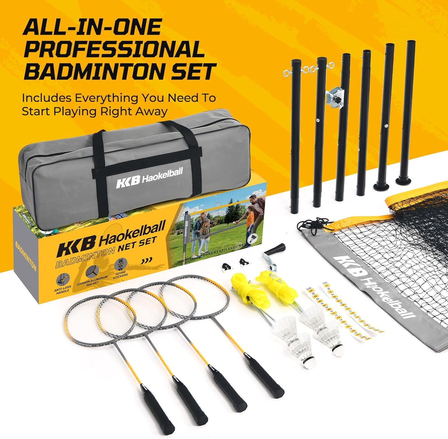 Haokelball Professional Badminton Set for Backyard & Outdoor, Heavy Duty Badminton Net with Anti-Sag Design, Premium Carbon Fiber Rackets Set of 4, Shuttlecocks, Portable Carry Bag, Gift Box Included