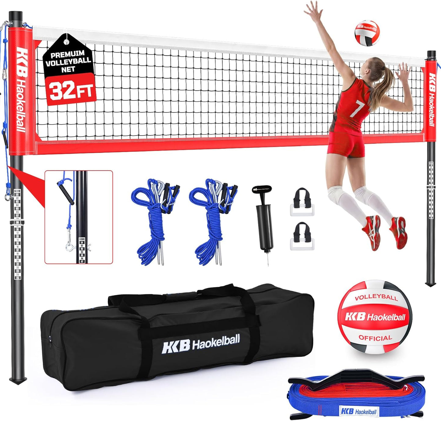 Haokelball Outdoor Volleyball Net Set for Backyard, 32FT Regulation, 3-Level Adjustable Height & Anti-Sag Tension System, Heavy Duty Thick Poles, Includes Volleyball, Pump, Boundary Line and Carry Bag
