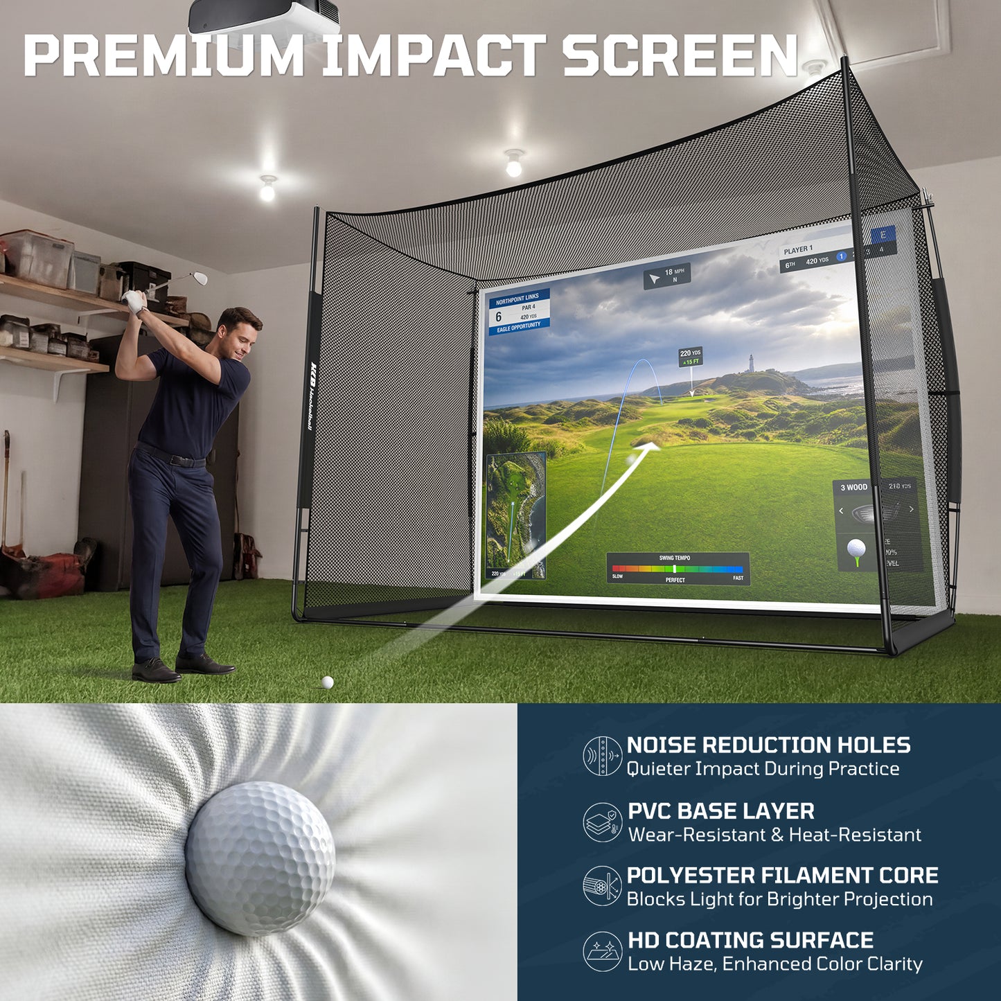 Haokelball Golf Simulator Cage with Impact Screen, 10x8x6 FT Premium Golf Hitting Net Enclosure for Home Practice, Indoor Outdoor Driving & Chipping Training Cage with Anti-Sag Support Rod