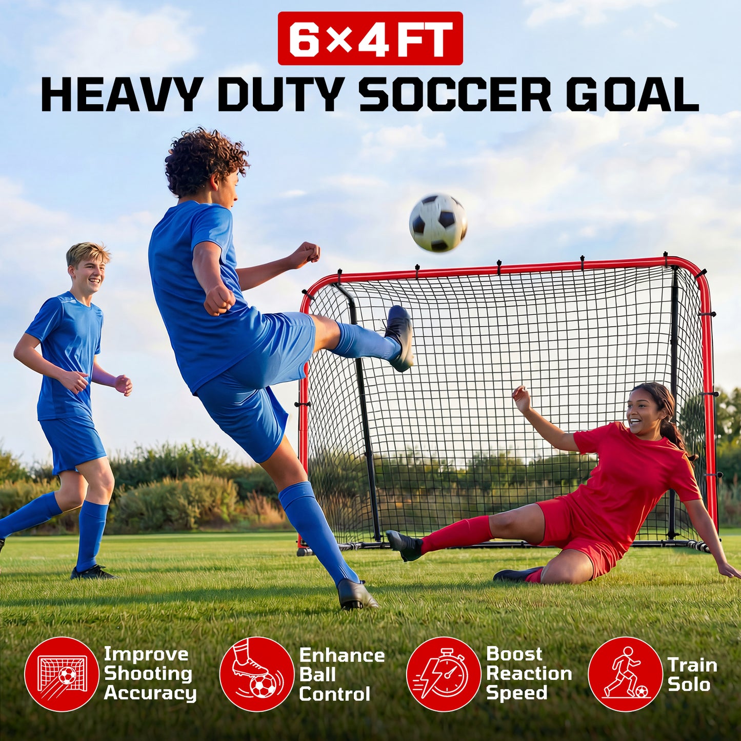Haokelball 6 x 4 FT Soccer Goal for Backyard, 2-in-1 Metal Soccer Goal with Angle Adjustable Rebounder Net, Heavy-Duty Steel Frame, Includes Agility Ladder & Cones, Soccer Training Equipment for Teens