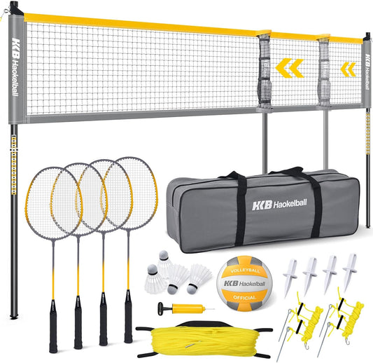 Haokelball Badminton Volleyball Net Set Combo – Adjustable Width 20-32ft & Height, with Rackets, Shuttlecocks, Volleyball, Boundary Line, Carry Bag – Badminton Sets for Backyards, Outdoor, Grass, lawn