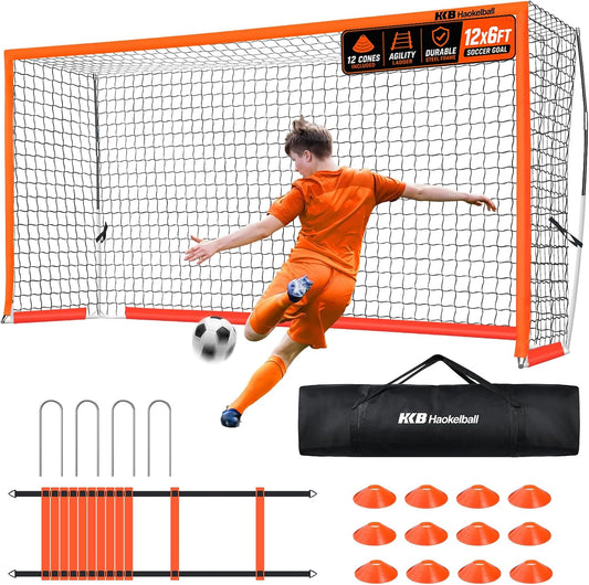 Haokelball Portable Soccer Goal for Backyard, 12x6 FT Soccer Net with Metal Post for Adult Youth Practice, Outdoor Training Equipment with Agility Ladder, Cones, Ground Stakes and Carry Bag