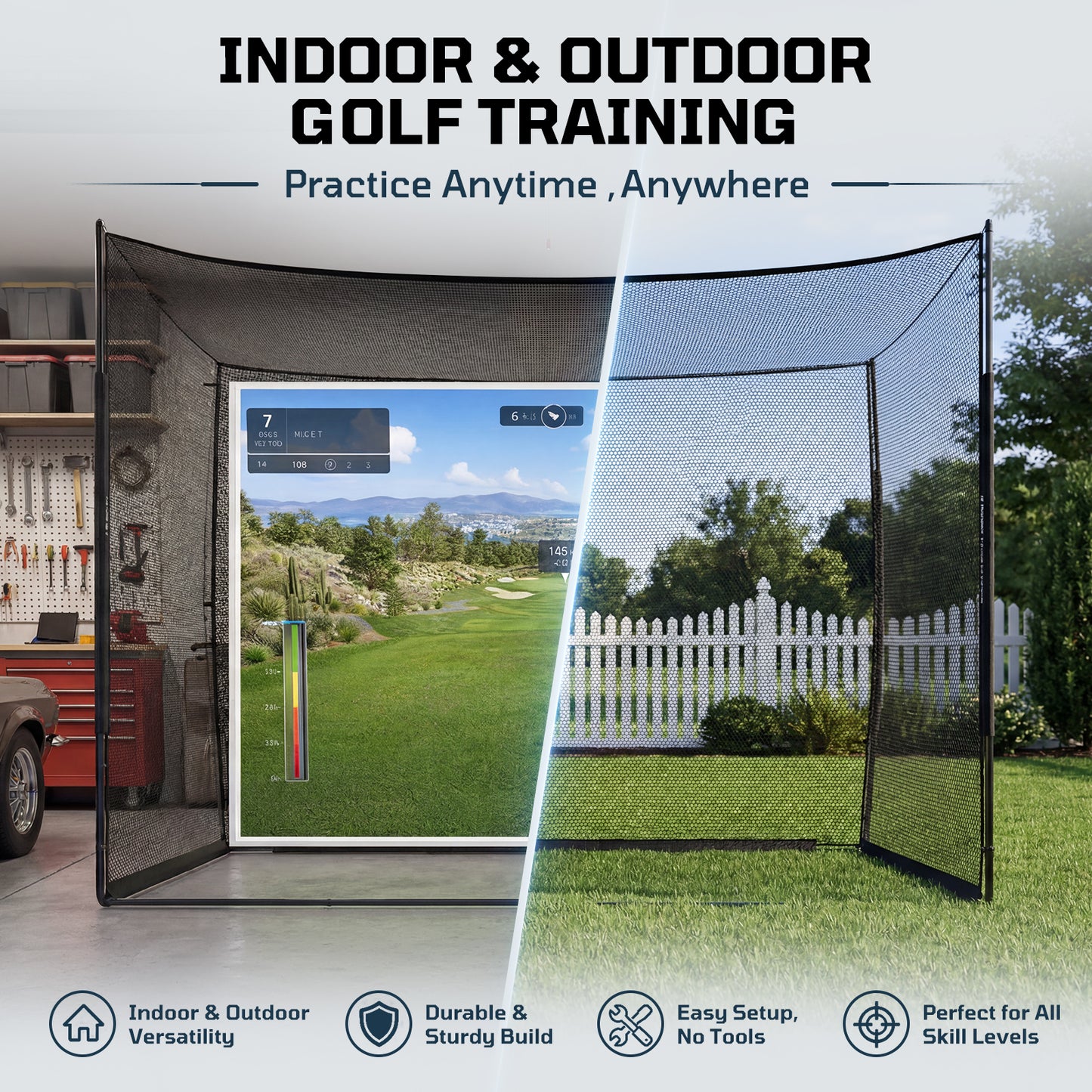 Haokelball Golf Simulator Cage with Impact Screen, 10x8x6 FT Premium Golf Hitting Net Enclosure for Home Practice, Indoor Outdoor Driving & Chipping Training Cage with Anti-Sag Support Rod