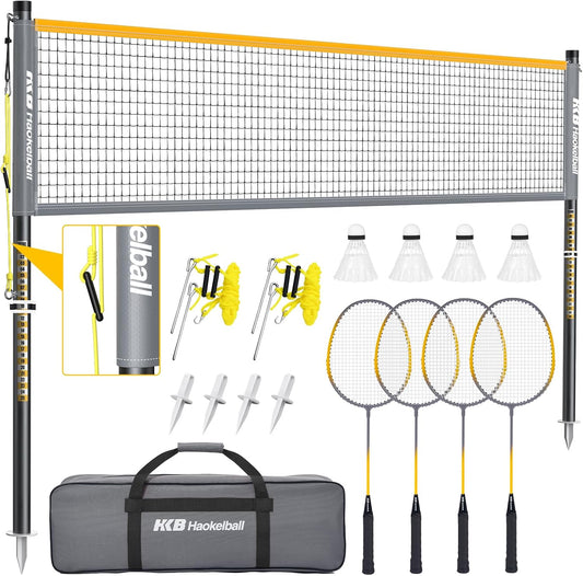 Haokelball Outdoor Badminton Net Set with True Anti-Sag Winch System - 20ft Badminton Net, 4 Rackets, 3 Shuttlecocks & Carry Bag, Badminton Set for Backyard, Grass, Beach, Games