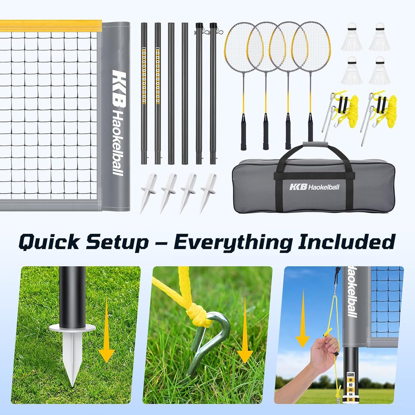 Haokelball Outdoor Badminton Net Set with True Anti-Sag Winch System - 20ft Badminton Net, 4 Rackets, 3 Shuttlecocks & Carry Bag, Badminton Set for Backyard, Grass, Beach, Games